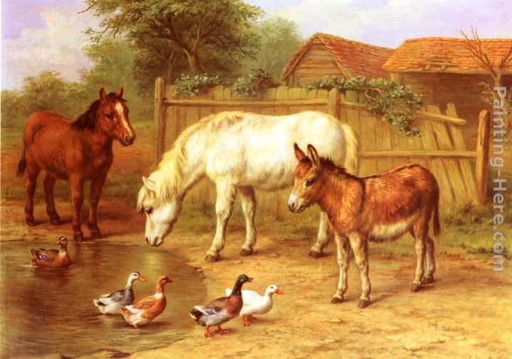 Ponies, Donkey and Ducks in a Farmyard painting - Edgar Hunt Ponies, Donkey and Ducks in a Farmyard art painting